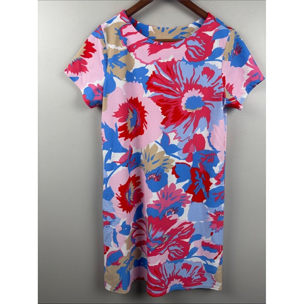 Jude Connally Multicolor Floral Shift Dress in Tan White Blue & Pink Sz Small
